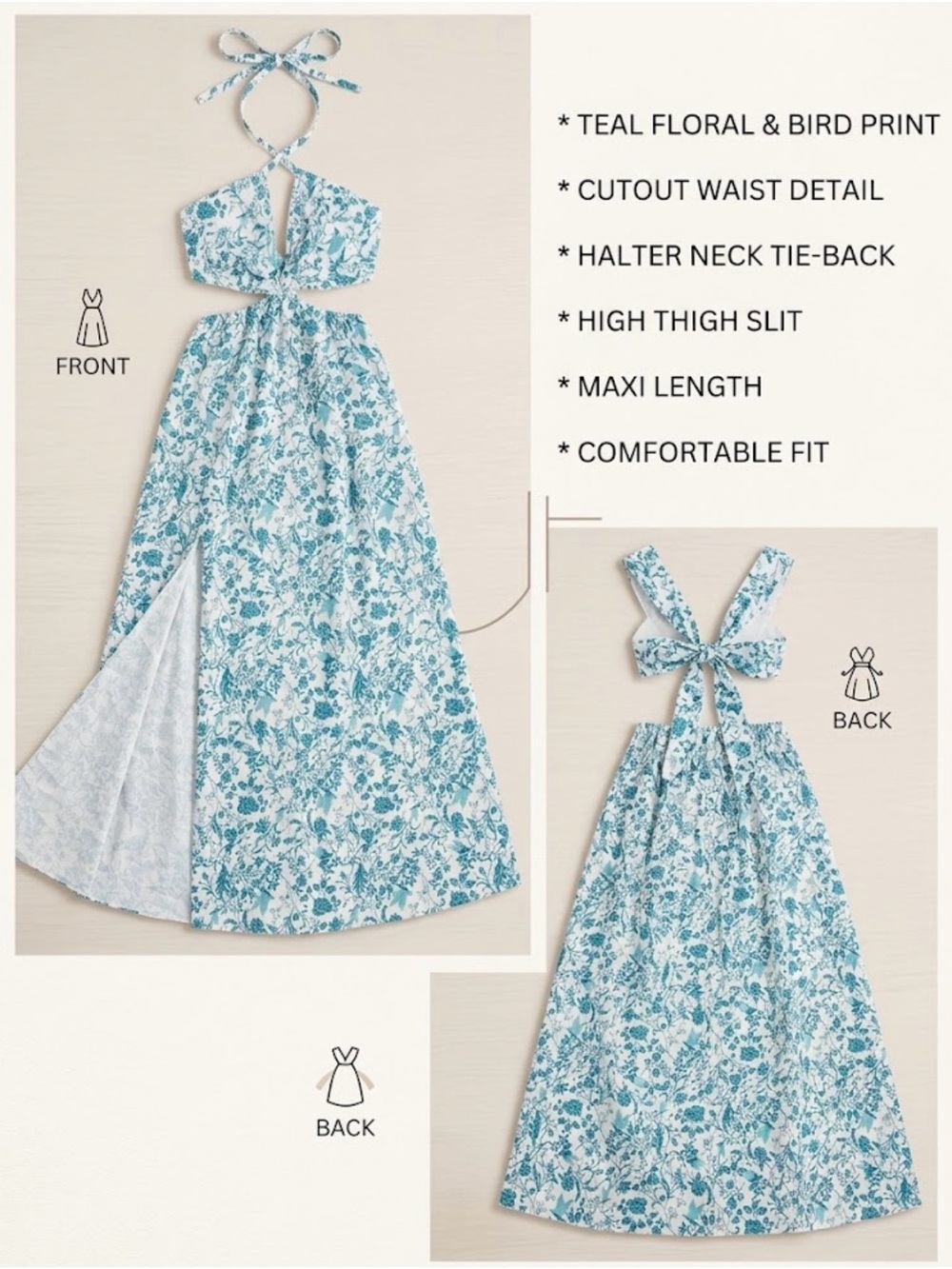 SHEIN Teal Floral Halter Cutout Maxi Dress - Like New nwot
